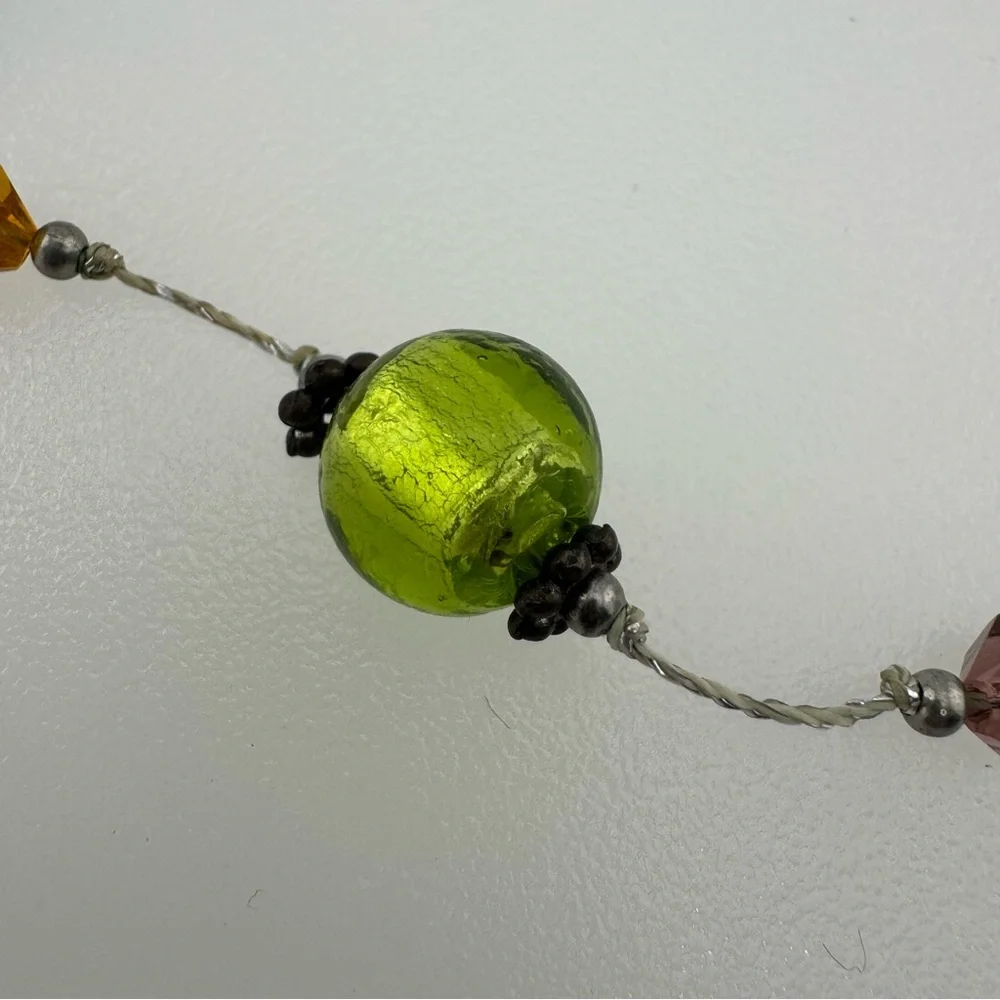 Colorful Beaded Foil Glass Necklace with Silver Details 10 inches Dainty